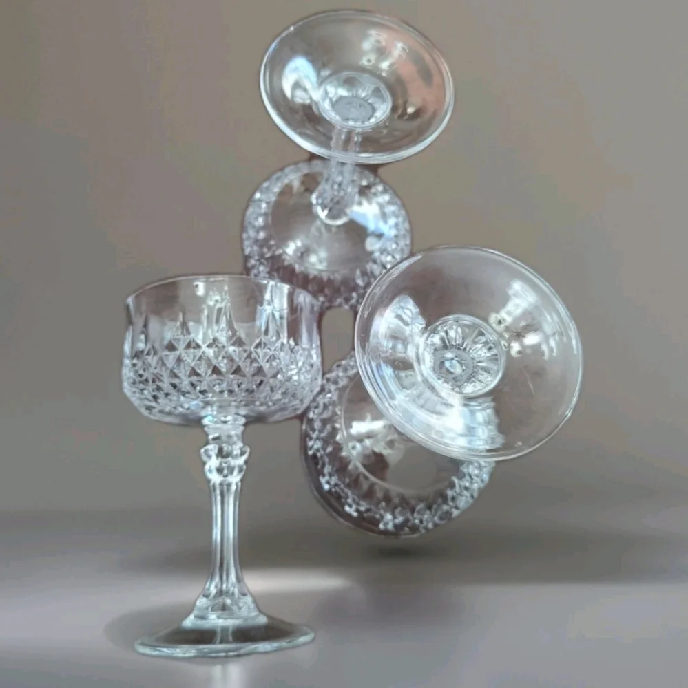 3 Cristal D'Arque Stemmed Diamond Cut Longchamp Sherbet/Parfait/Wine Glasses - Picture 1 of 8